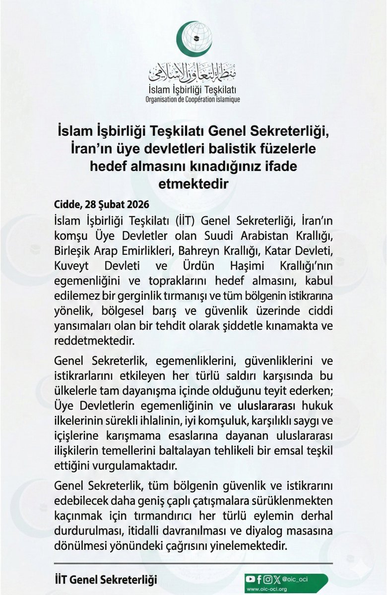🔴 İslam İşbirliği Teşkilatı, İran'ın körfezdeki ABD üslerine yönelik saldırılarını kınadı ve 'kabul edilemez' olarak niteledi.

Açıklamada İsrail ve ABD'nin İran'a saldırılarıyla alakalı herhangi bir ifade yer almadı.
