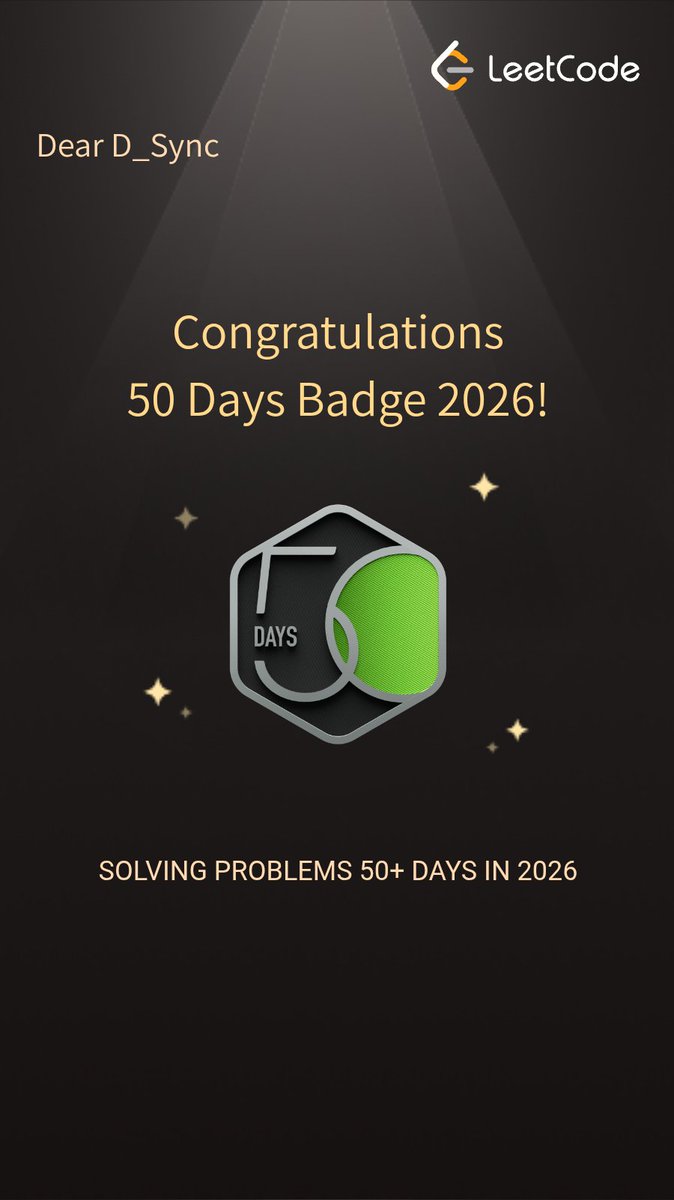 Vivek_05_12's tweet photo. π DSA Milestone
π₯ Completed 50 days on LeetCode.
Consistency > Motivation.
Showing up daily and sharpening problem-solving skills.
#LeetCode #DSA #50DaysOfCode #Consistency #CodingJourney https://t.co/kOqDnlrEri