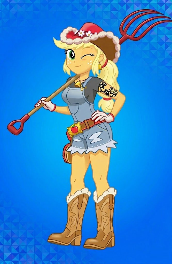 Applejack con el traje de Rúcula, el nuevo personaje femenino del nuevo juego de Pokemon.