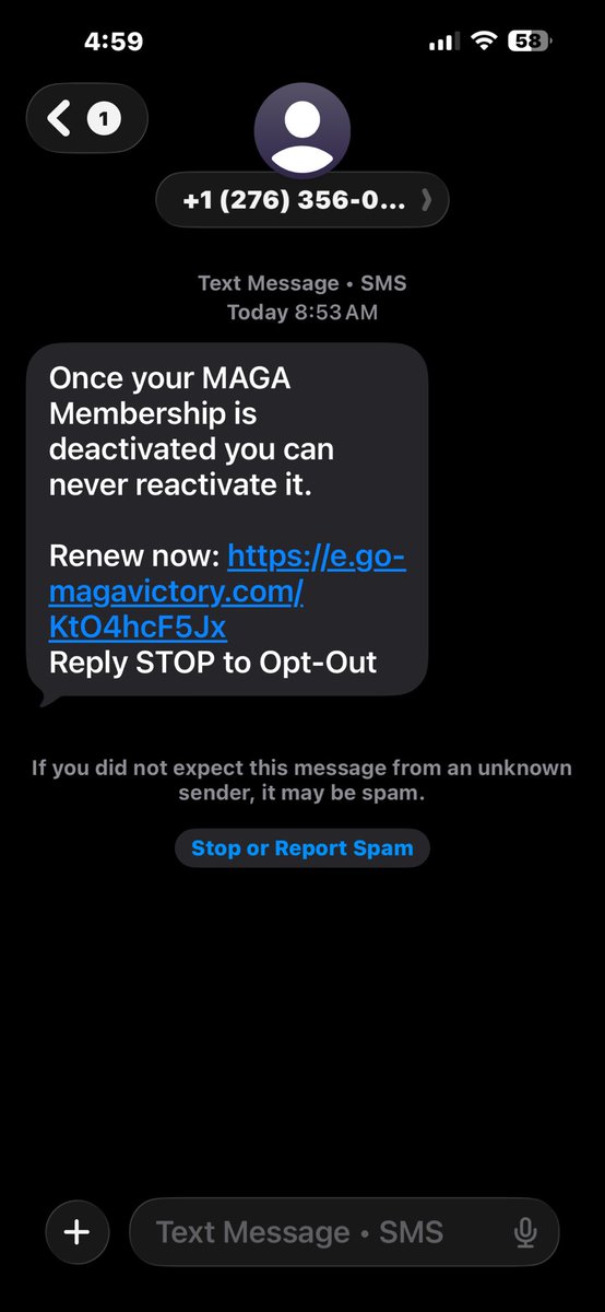 Can you believe this crap? This is what they are texting people now. I’ve never had a MAGA membership nor do I ever want one.