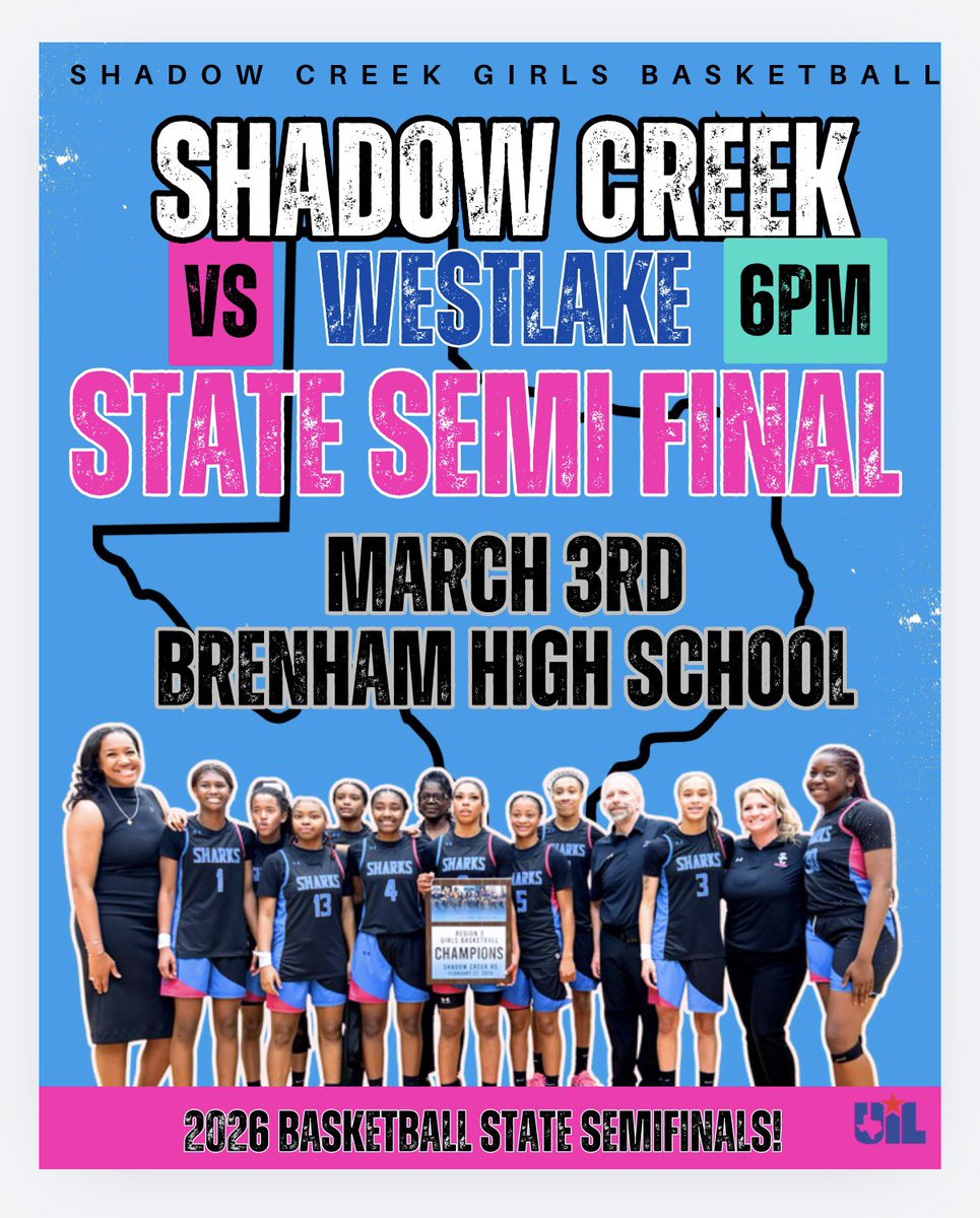 ShadowCreekGBB's tweet photo. UIL State Semi Final Playoff Game!

Shadow Creek vs Westlake
Tuesday, March 3rd
Game Time:  6pm
Arena: Brenham High School https://t.co/2MWW21fjua