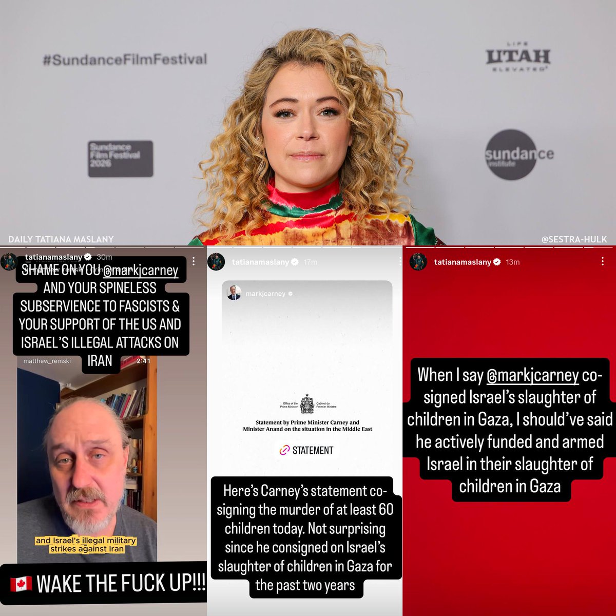 Tatiana Maslany calls out Canadian Prime Minister Mark Carney for co-signing the US' &amp; Israel's missile strikes on Iran: 

“Shame on you <a href="/MarkJCarney/">Mark Carney</a> and your spineless subservience to fascists &amp; your support of the US and Israel's illegal attacks on Iran 🇨🇦 WAKE THE FUCK UP!!!”