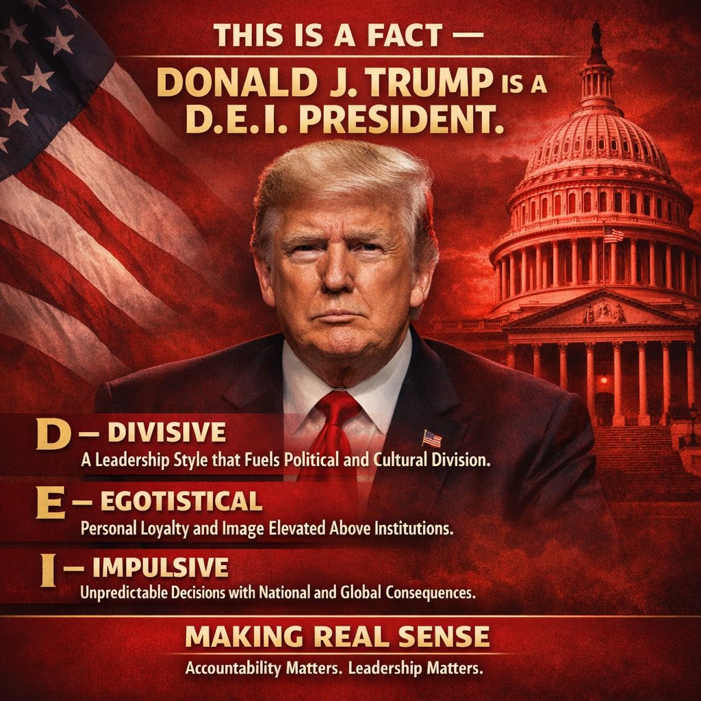 MAKING REAL SENSE

“THIS IS A FACT – DONALD J. TRUMP IS A D.E.I. PRESIDENT.”

D – DIVISIVE
Rhetoric and actions that deepen political and social divides.

E – EGOTISTICAL
Personal brand and loyalty often placed above institutions.

I – IMPULSIVE
Unpredictable statements and