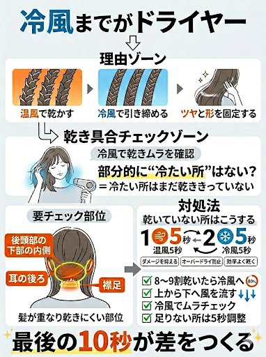 温風で乾かしたから｢はい、終了！｣

待って！それまだ途中だから
温風だけで終わるとキューティクルは閉じきらない！冷風当てる事でキュッと引きしまる☝
うどんや蕎麦を茹でたあと冷水で締めるとコシが出るのに似てる
さらにはちゃんと乾いたかどうかのチェックにもなる！
今日から試してみて