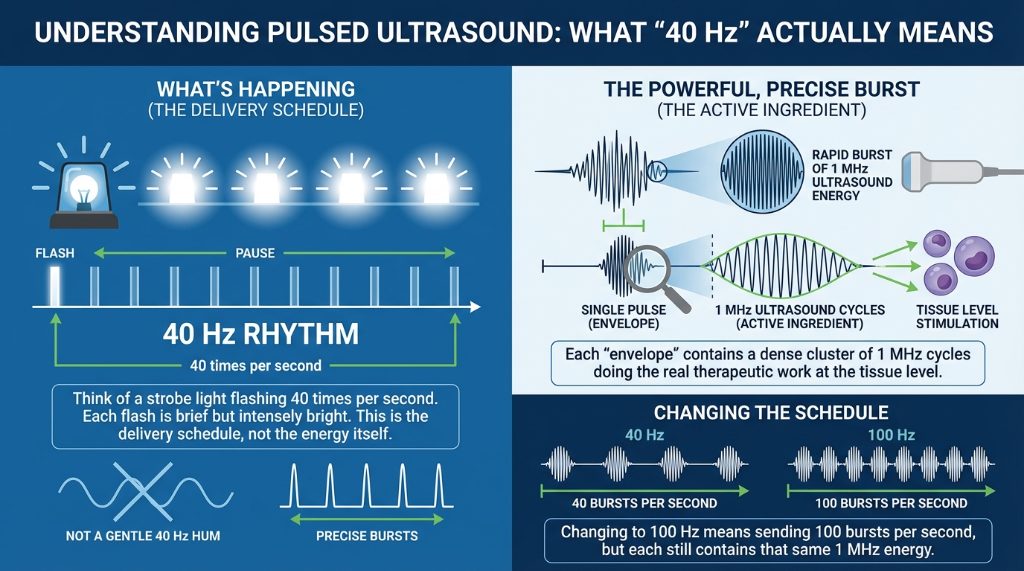 In therapeutic ultrasound, "40 Hz" does not refer to a low-frequency hum. It describes a precise delivery rhythm for high-frequency energy.

Think of a strobe light flashing 40 times per second. Each flash is brief but intense. In this context, each "flash" is a dense packet of 1
