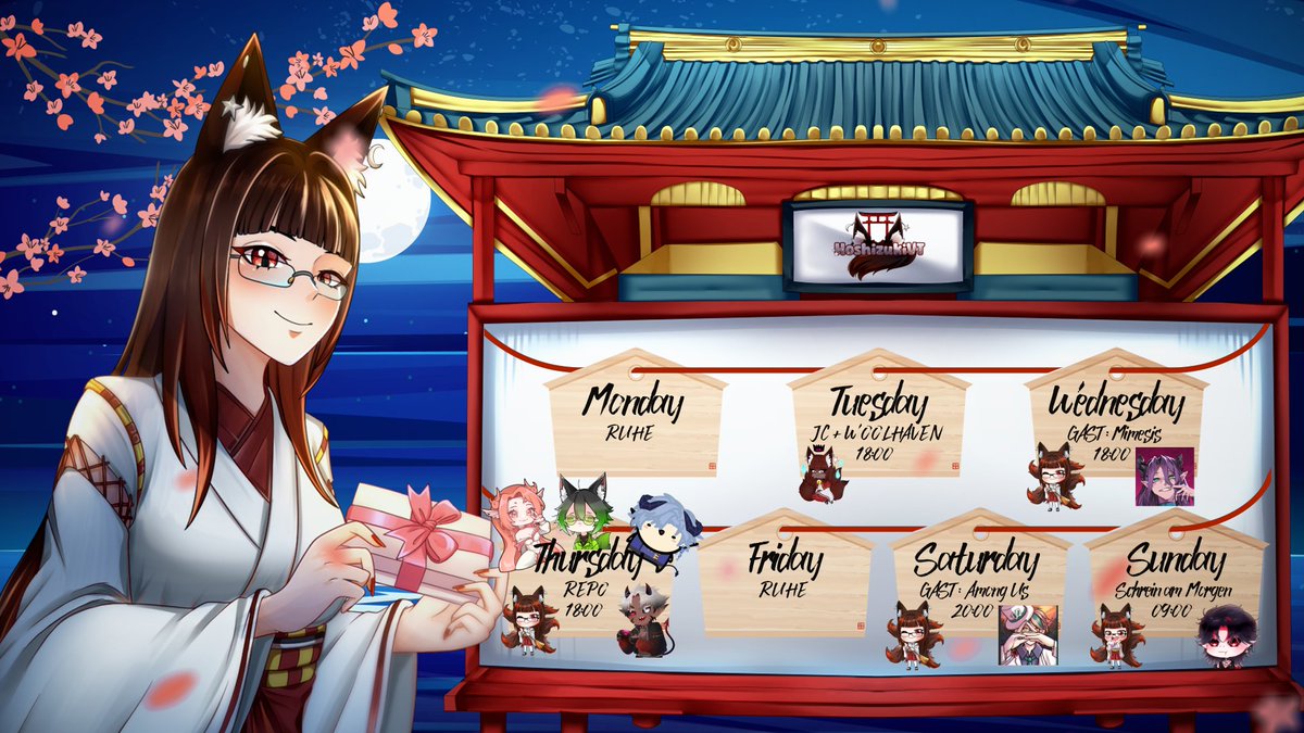 ⛩️ Hiermit erhaltet ihr den Streamplan für KW10 (02.03. - 08.03.):

Eine neue Woche beginnt und damit auch ein neuer Wochenplan, wupp wupp!
Und schon haben wir die runden 10 in diesem Jahr erreicht! In dieser Woche bietet der Schrein Collabs, Gastauftritte und Solospaß. Ein