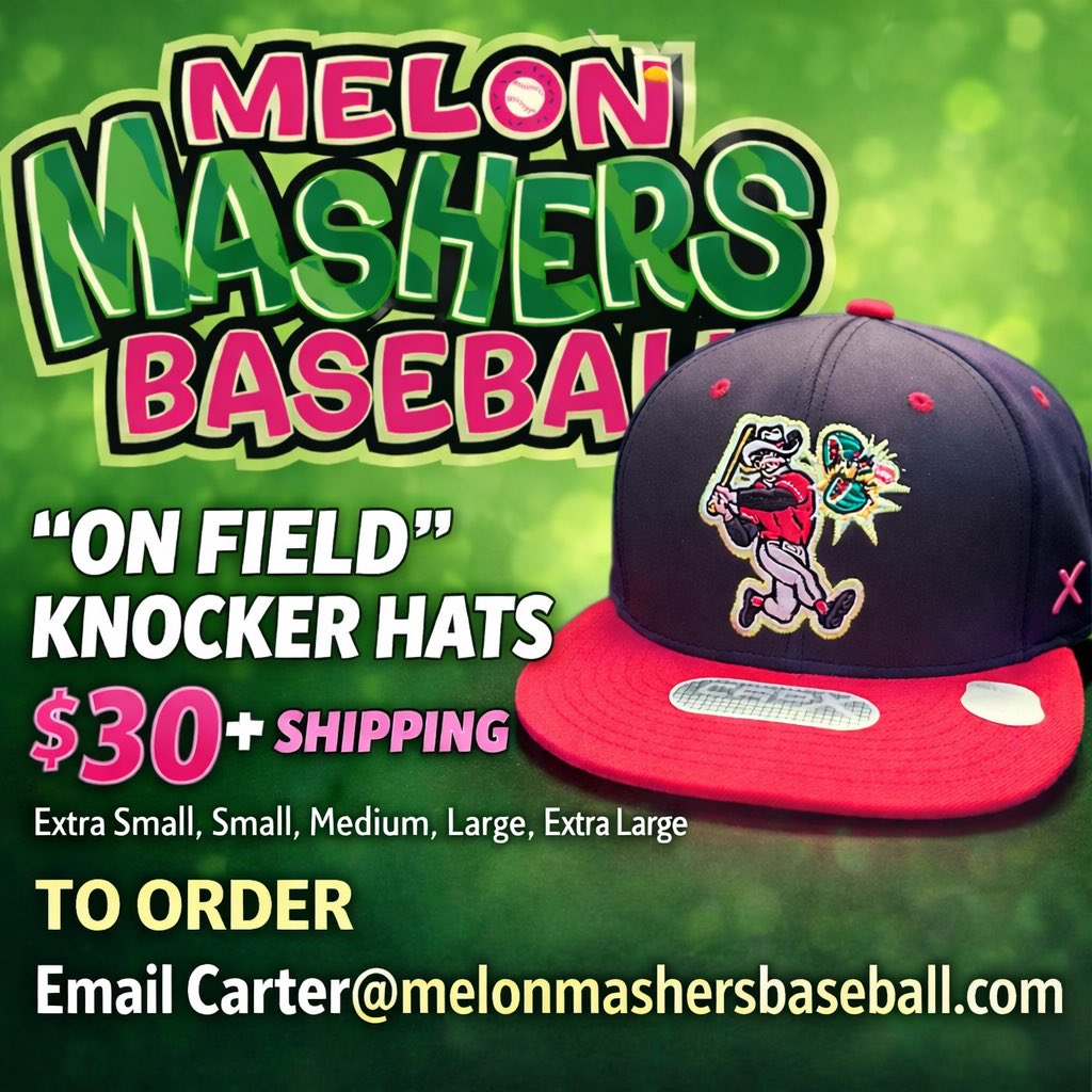 msmelonmashers's tweet photo. ⚾🔥 2026 MELON MASHERS “ON-FIELD” HATS ARE HERE! 🔥⚾

Step into the season looking like the team!

Our 2026 Melon Mashers On-Field Hat featuring our logo: “Knocker the Cowboy.”
🧢 Special: $30 (plus shipping)
📏 Sizes XS • S • M • L • XL
Carter@melonmashersbaseball.com https://t.co/OVlfhxtlJb