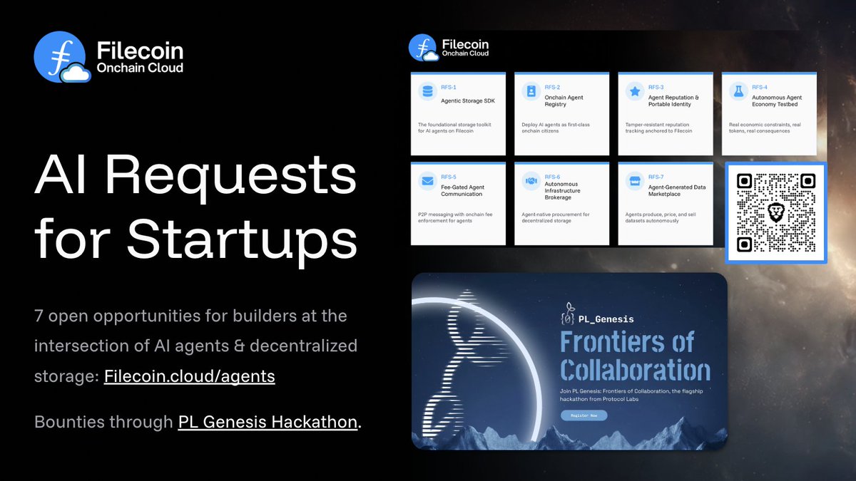 AI agents need storage, onchain identity, payment rails, and verifiable history to operate without central control.

Filecoin Onchain Cloud published seven Requests for Startups with required contract deployment, demo, and working code.
