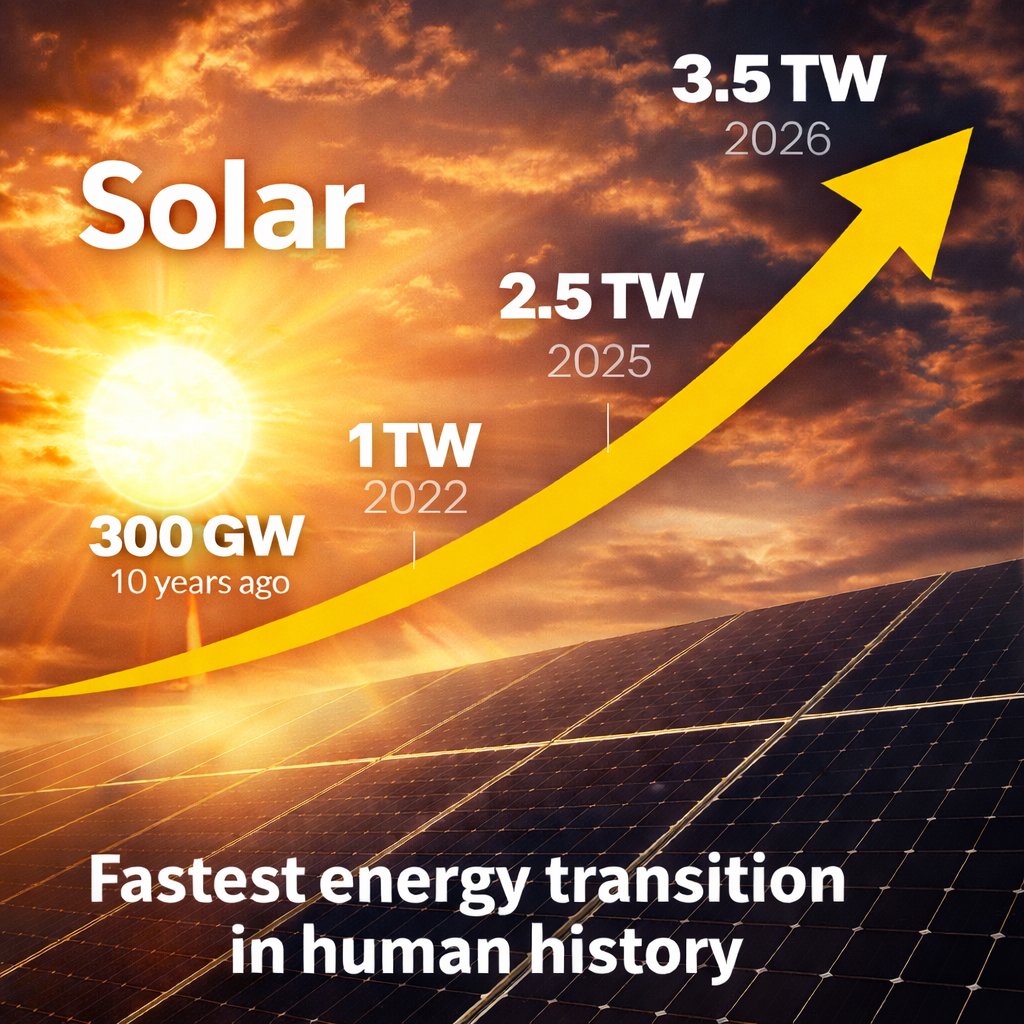 As of 2025, global solar capacity is ~2.5 TW. It was ~300 GW just 10 years ago — &amp; only ~1 TW in 2022. By 2026, on track for 3.5 TW! No other energy technology in history has scaled this fast. This is the fastest shift to a new form of generation we’ve ever seen. #Bettrification