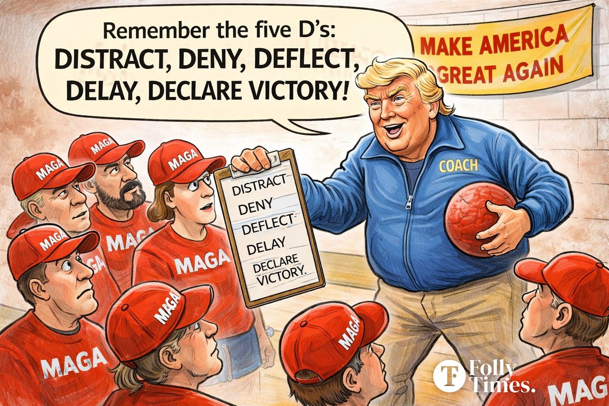 TheFollyTimes's tweet photo. If you can dodge a question, you can dodge accountability. Distract, Deny, Deflect, Delay, Declare Victory. #EpsteinFiles #Iran #DistractionWar https://t.co/chpSBtEXh7