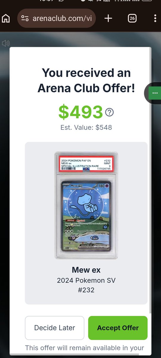 Shajippappan930's tweet photo. $53 ➝ $493 instantly💰💰

Turned a single slab into a 9x move📈

PSA 9 Mew ex #232 did its job.

Liquidity secured.

On to the next play. 📈🔥

@opensea @ArenaClub 
#Pokemon #Slabs #CardFlipping https://t.co/YgUgHpjMgk