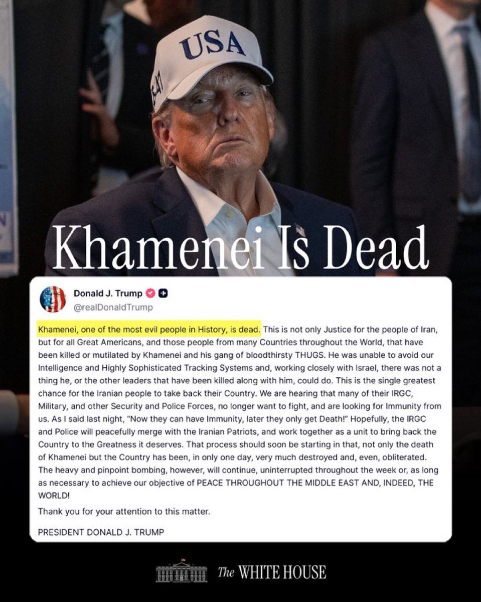 WB6DYN's tweet photo. #Breaking #War #News🚨
“The most #evil person in the world is DEAD- #AlKhamenei”
“Justice for Iran & #Justice for the World”
#PromisesMade
#PromisesKept
#FAFO 🔥💥 https://t.co/km6fYH478L