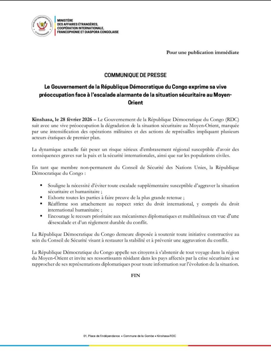 Change7net's tweet photo. La RDC exprime sa vive préoccupation face à l’escalade sécuritaire au Moyen-Orient, marquée par l’intensification des opérations militaires. Elle met en garde contre un risque sérieux d’embrasement régional et appelle tts ls parties à la plus grande retenue pour préserver la paix https://t.co/z4XAFjikg2