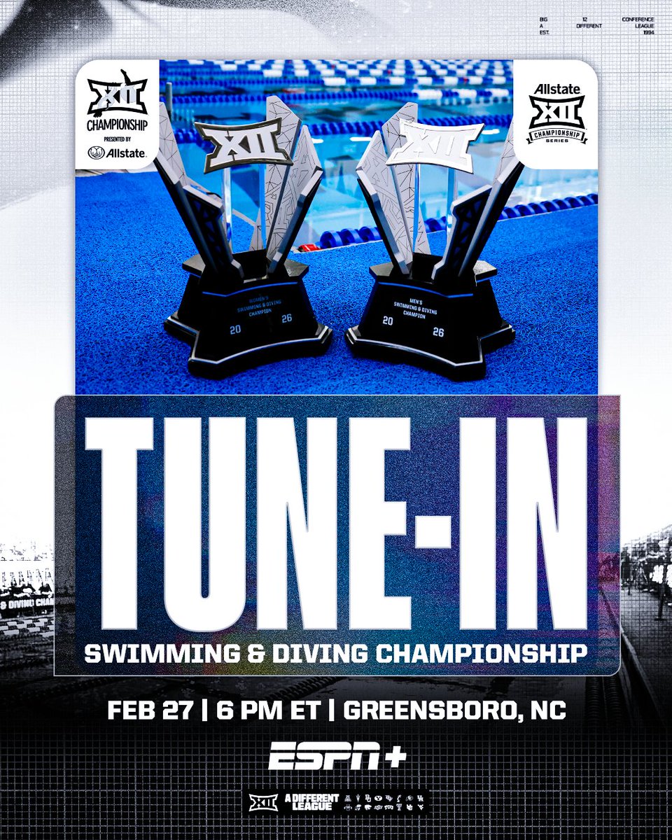 Big12Conference's tweet photo. One last time from the Greensboro Aquatic Center... the grand finale at the 2026 Big 12 Swimming &amp; Diving Championship Presented By Allstate 🏆

📺 ESPN+ | https://t.co/hUp001qkFP
📊 Live Results | https://t.co/LkgkziqUoq
🏆 Championship Centreal | https://t.co/gfdzFGLJ8Y https://t.co/8861IJaZGH
