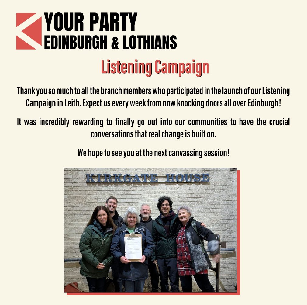 Last night we took Your Party out into our community in Leith!

Knocking doors, asking about people’s daily lives and what’s missing from politics, we started the conversations that will grow our movement.

Thank you to everyone who came – see you at the next session!