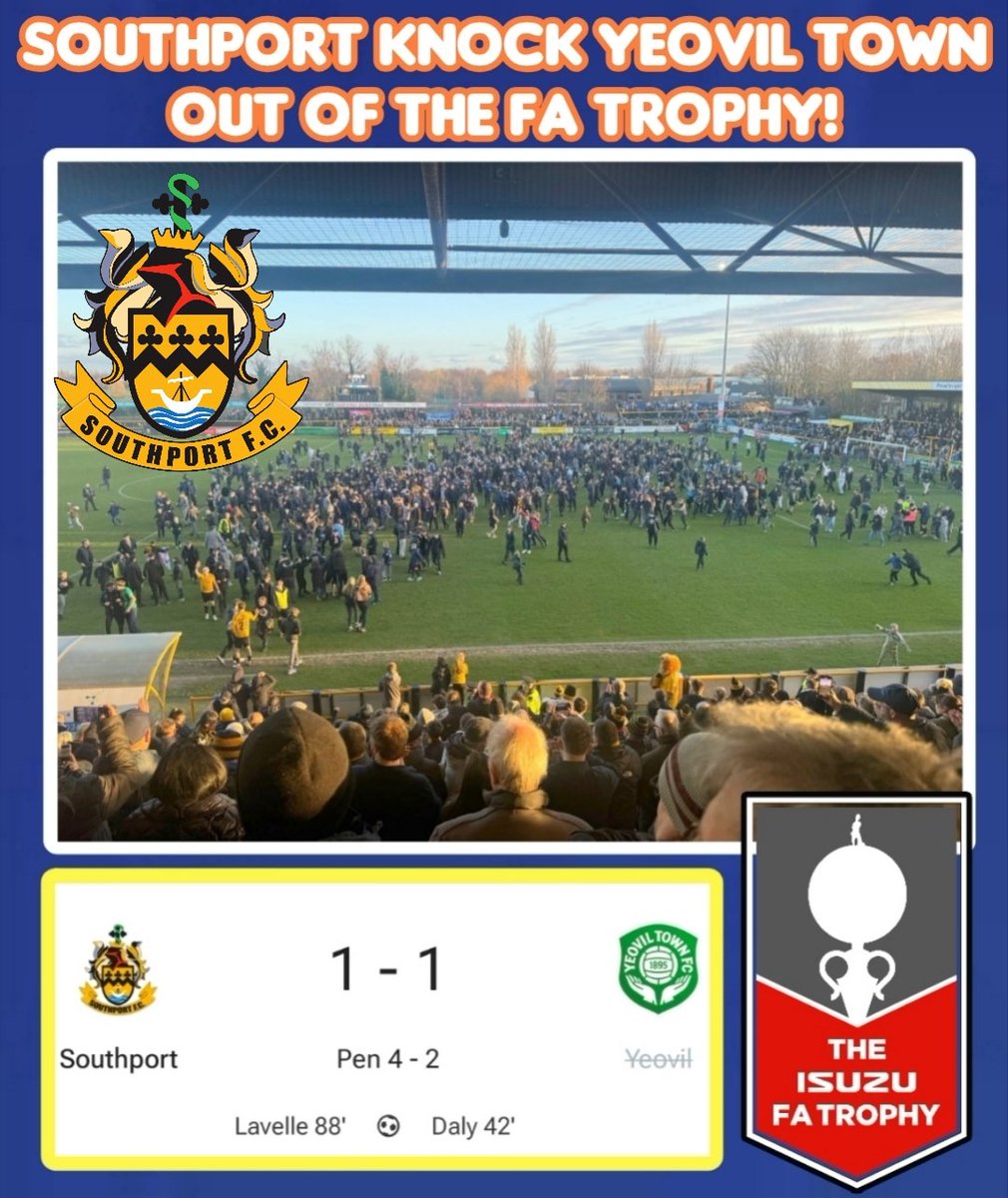 What a fantastic result for National League North side Southport F.C. who knocked Yeovil Town out of the FA Trophy today!

Southport equalised in the 88th minute to make it 1-1 and took their National League opposition to penalties where they beat them 4-2 and booked a place in