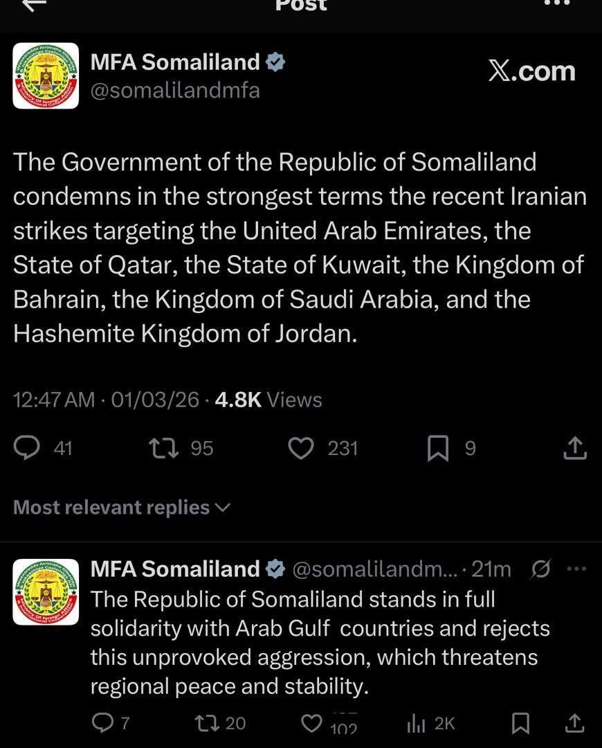 Somaliland ayaa si adag u cambaaraysay weerarkii Ir*n ku qaaday waddamada Carabta, waxanaa ay sheegtay in ay si buuxda u garab taagantay waddamada khaliijka.

Wasaaradda arrimaha dibadda Somaliland ayaa warkan ku daabacday barteeda X.