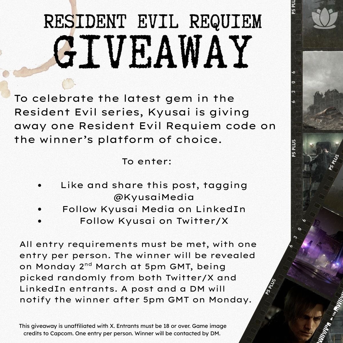 To celebrate Resident Evil Requiem, we’re giving away one code on the winner’s platform of choice 🪷

- Like and share this post
- Follow Kyusai Media on LinkedIn
- Follow <a href="/KyusaiMedia/">Kyusai Media</a> on Twitter/X

Full terms in reply 🧵