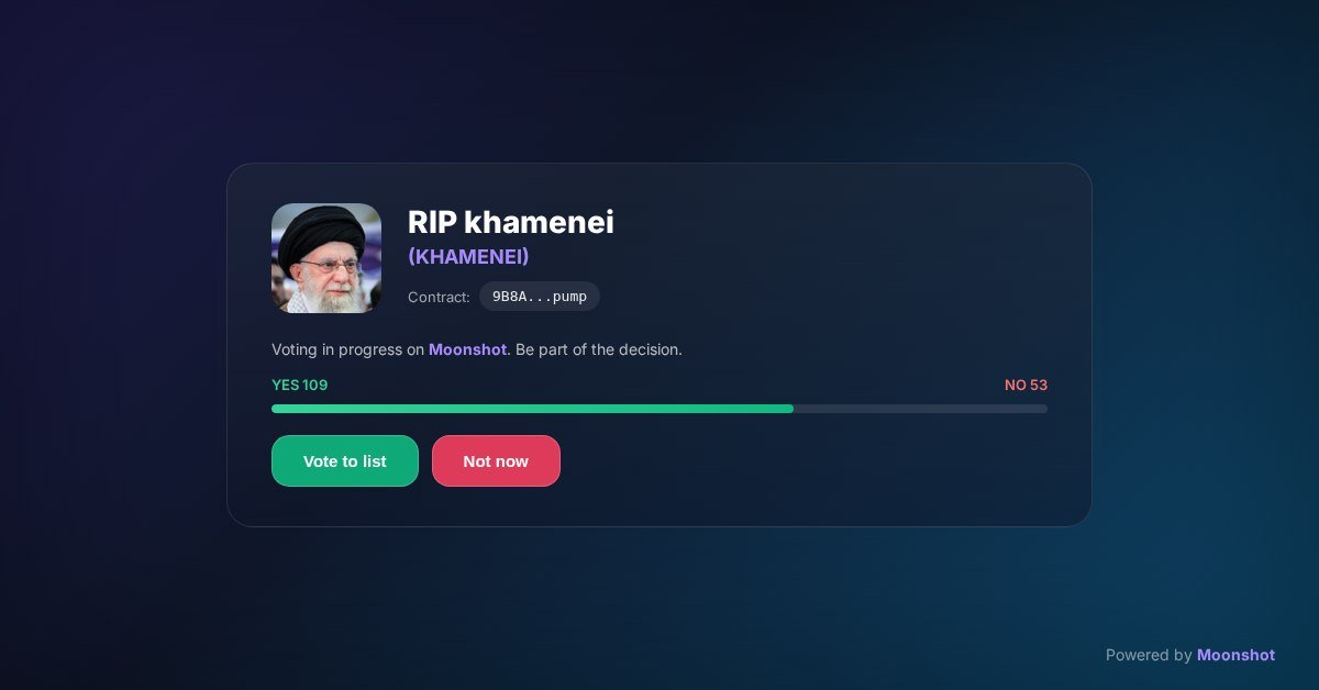 Beckymoreno11's tweet photo. Moonshot listing for $khamenei is right there. We're at the last step.
Community: show up. Let's get this done.

https://t.co/IcUR7Vuvuw https://t.co/XVO3VTvszz