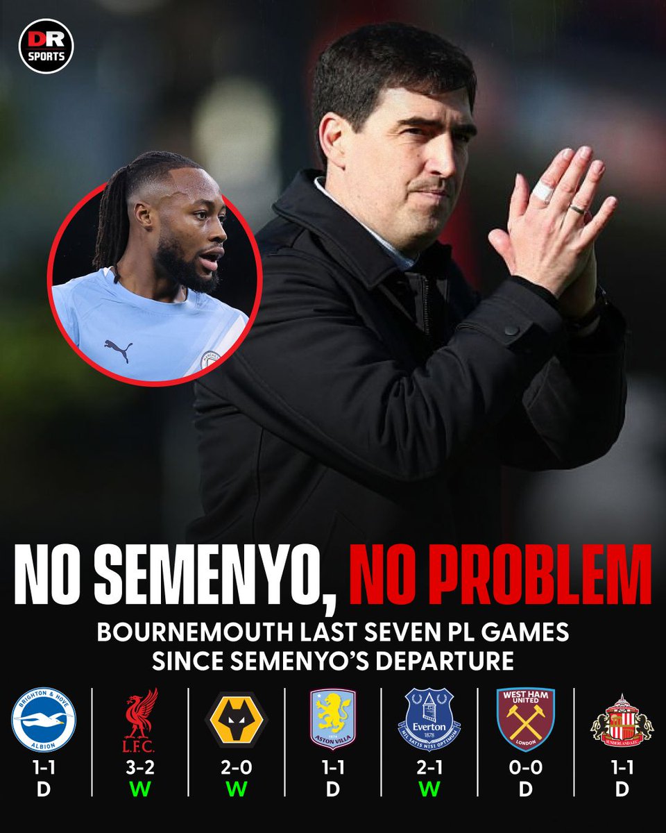drsportsmedia's tweet image. Since Antoine Semenyo’s move to Manchester City, Bournemouth has remained unbeaten in the Premier League. 🍒🔥 

#Bournemouth #PremierLeague