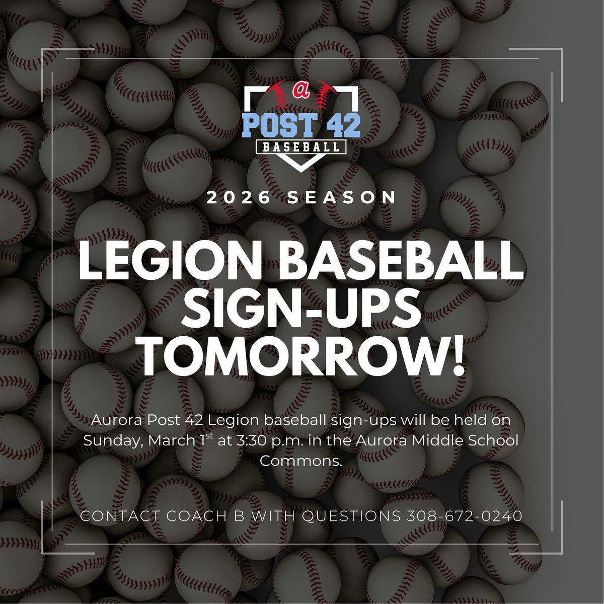 AuroraPost42's tweet photo. Post 42 Legion Junior and Senior Baseball sign-ups will be held TOMORROW at 3:30 p.m. in the Aurora Middle School Commons. 

$100 player fee and $50 uniform deposit. https://t.co/986R0yD7RI