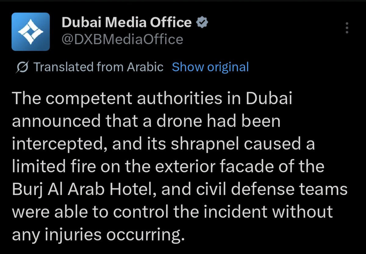 RebelSince1992's tweet photo. There was an attempt to hit Burj Al Arab Hotel. The drone was intercepted but a sharpnel caused a fire.

- Dubai Media Office

#BurjAlArab #Dubai https://t.co/wVvnVErWeN