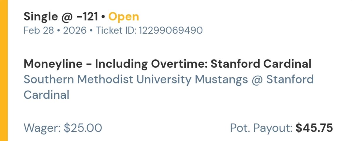professorbetss's tweet photo. π Stanford Cardinal ML (-121)
vs SMU Mustangs
π° $25 β $45.75
π Home floor. Short price. Controlled spot.
π― We take calculated edges β not coin flips.
Straight bets build bankrolls.
#ProfessorBets #CBBPicks #Moneyline #SportsAnalytics #BetSmart #CollegeBasketball https://t.co/OwbhyGOvtJ