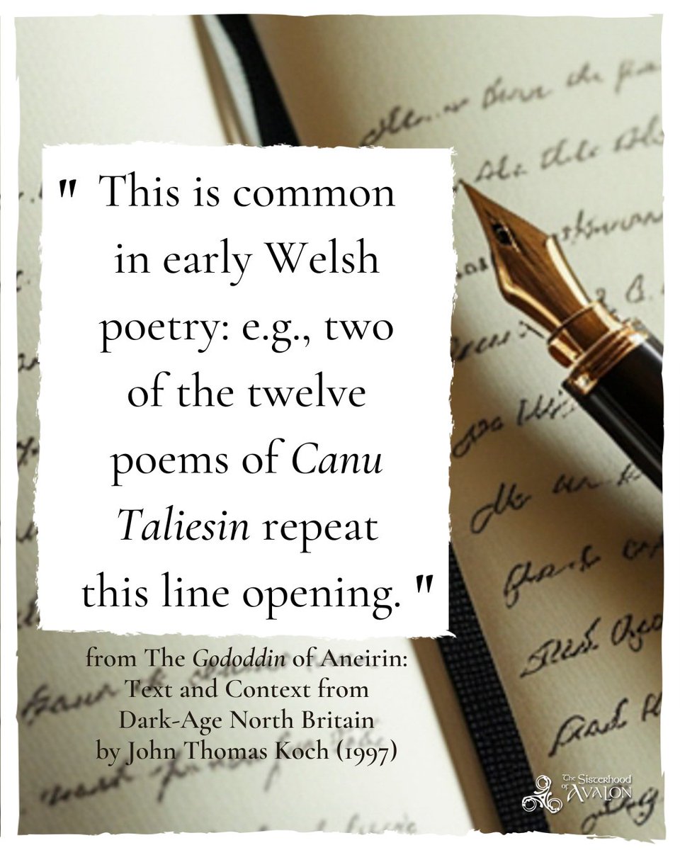 "This is common in early Welsh poetry: e.g., two of the twelve poems of Canu Taliesin repeat this line opening."
- from The Gododdin of Aneirin: Text and Context from Dark-Age North Britain
by John Thomas Koch (1997)

#wales #welsh #poetry #welshpoetry #taliesin #canutaliesin
