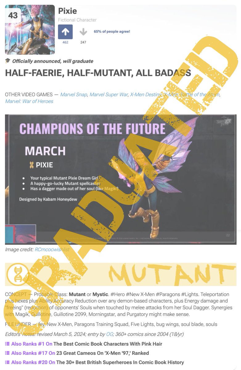 PIXIE has graduated from the MCOC Wishlist. 

Her official Champion Spotlight: playcontestofchampions.com/news/champion-…

The MCOC Wishlist: tinyurl.com/mcocwishlist