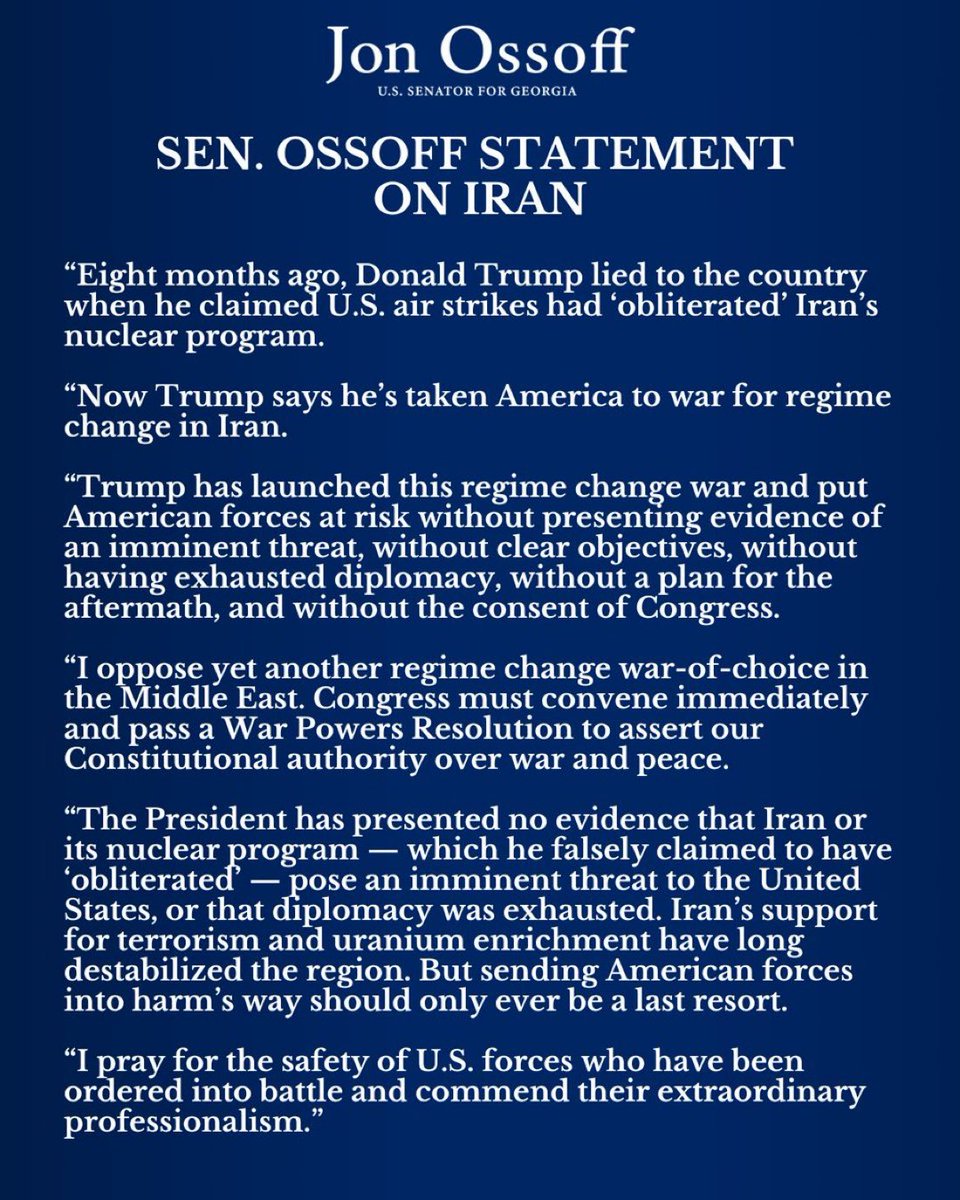 This is the most vulnerable Democrat Senator in the Country, <a href="/ossoff/">Jon Ossoff</a> of Georgia, who is also Jewish, coming out STRONGLY against this military action. 

Very notable. 

👀