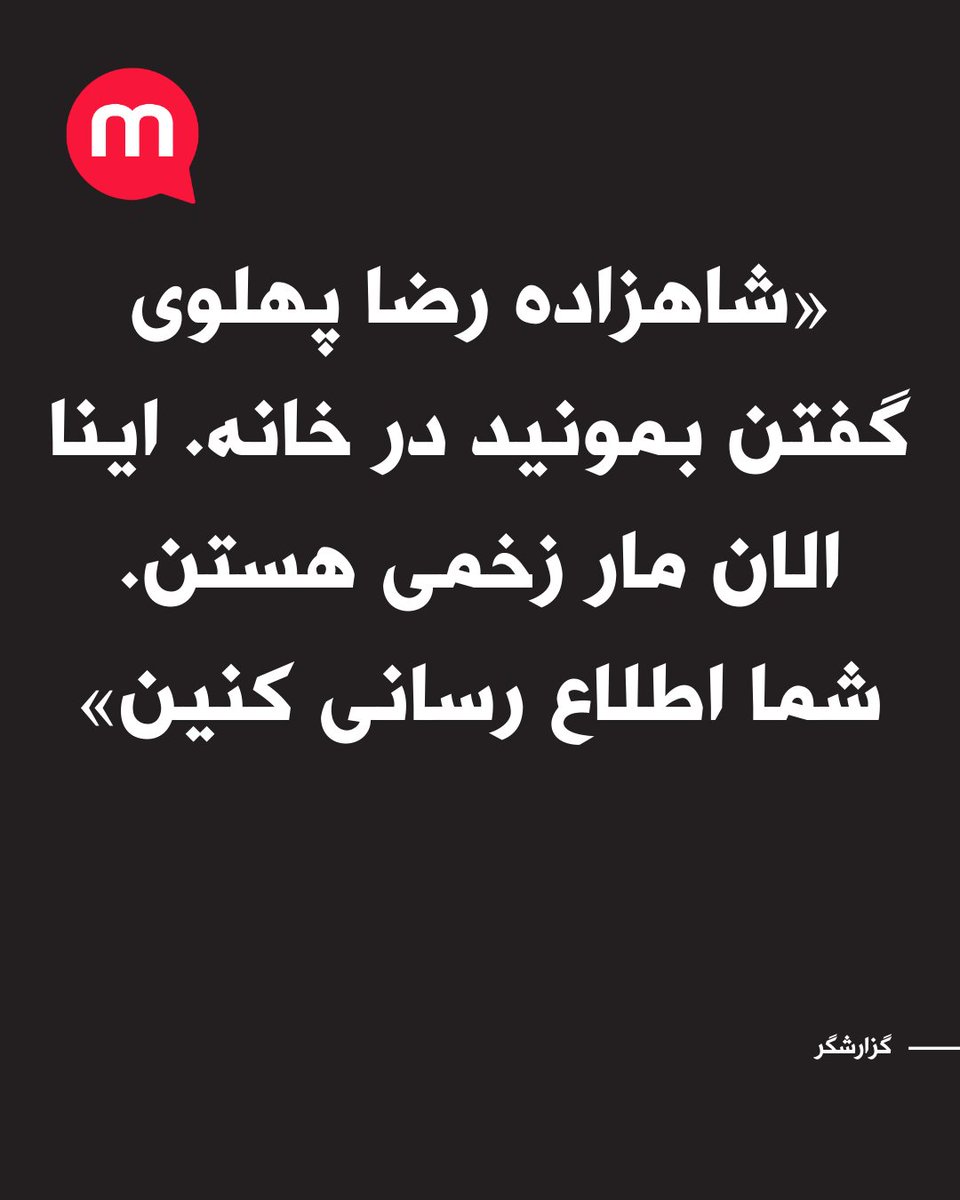 ManotoNews's tweet photo. پیام گزارشگر: «شاهزاده رضا پهلوی گفتن بمونید در خانه. اینا الان مار زخمی هستن. شما اطلاع رسانی کنین» https://t.co/zMtGM1b331