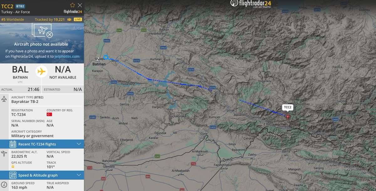 alternativewip's tweet photo. #Turkey turkish air force bayraktar TB-2 (infamous) drone seen on the flight radar close to the turkey iran border, departure from batman turkey, and yes its really called batman. #TCC2 #4B837A https://t.co/aPuSUFAclp