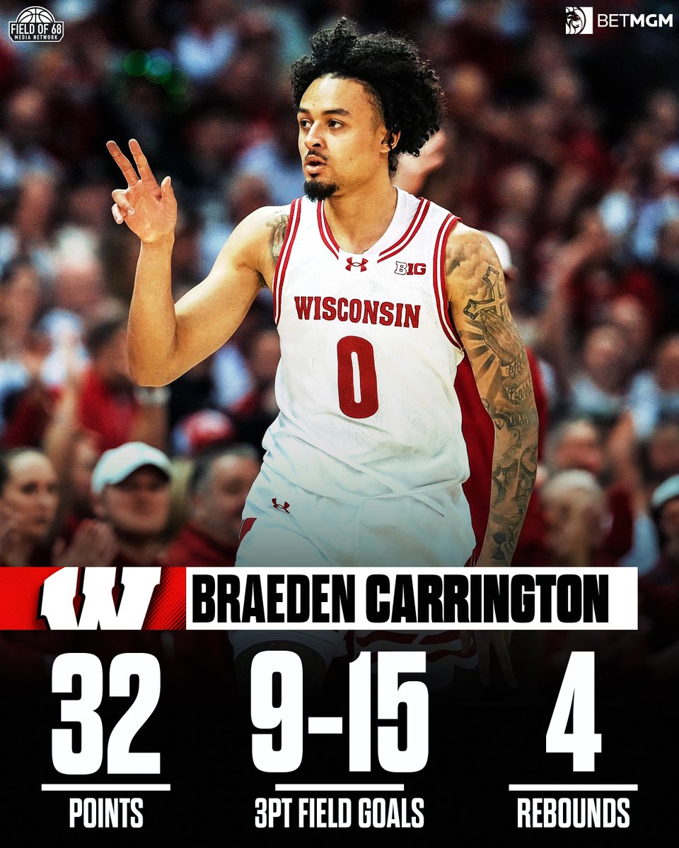 BRAEDEN CARRINGTON sets <a href="/BadgerMBB/">Wisconsin Basketball</a>’s single-game 3PT record with 9 MADE threes 🔥🎯

Lights OUT in Madison!