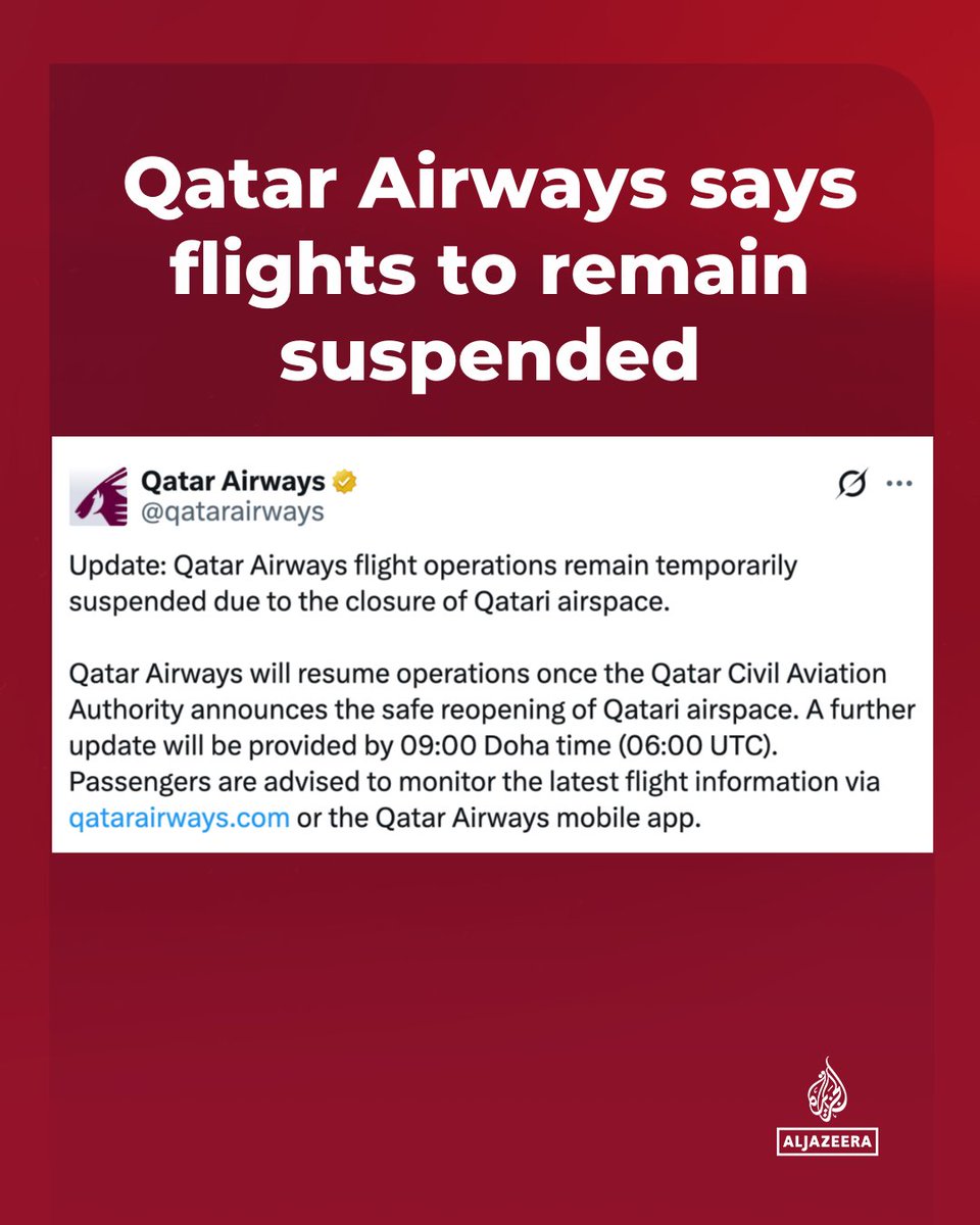 Qatar Airways says its flights will remain temporarily suspended due to the closure of Qatari airspace, affecting travel schedules as authorities work to resolve the disruption.

🔴 LIVE updates: aje.news/9i4fmn