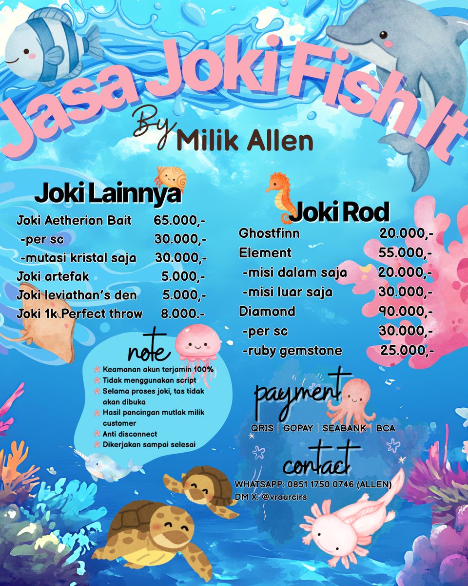 open joki afk fish it start from 3k udah free batu enchant. bebas request pulau, anti dc, dan tanpa script. open joki rod/bait juga yaa!! ment after dm (˶˃ ᵕ ˂˶) .ᐟ.ᐟ

t.joki afk fish it trade wtb wts fish it! roblox
#zonauang #zonajajan