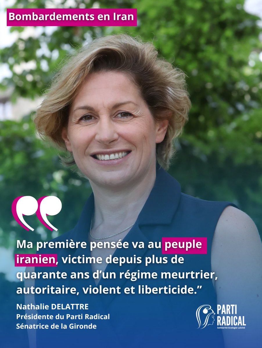 🇮🇷Frappes contre l'#Iran : le <a href="/PartiRadical/">Parti Radical</a> présidé par <a href="/n_delattre/">Nathalie Delattre</a> exprime son soutien inconditionnel au peuple iranien et appelle à la protection des civils. La responsabilité 1ère de cette tragédie incombe au régime en place. 
➡️Lire le communiqué sur bit.ly/3ODkaly