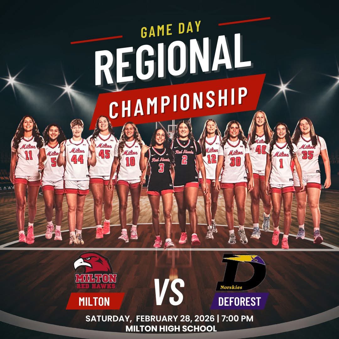 MHS_GBball's tweet photo. Game day – REGIONAL FINAL at Milton High School! 
The Red Hawks are back on their home floor tonight vs DeForest with a spot in the next round on the line. Tip is at 7:00 PM—time to bring that playoff focus and keep this run going, Milton!
Go Hawks! https://t.co/yX1upKEuLF