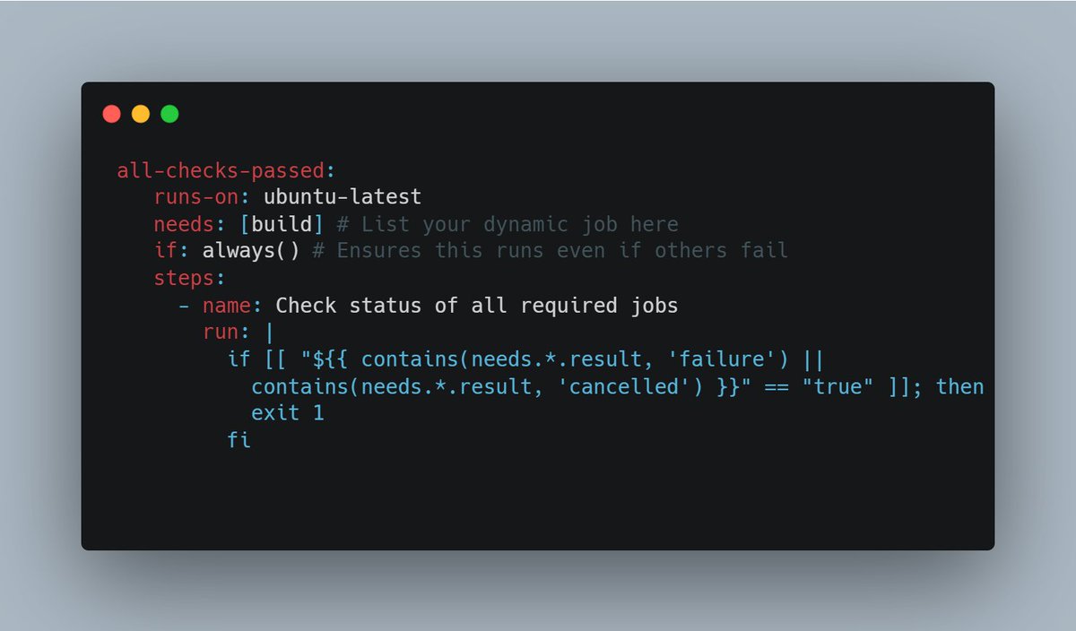 mrbusche's tweet photo. Managing GitHub Action matrices is great until you have to update required status checks for every new version.  

I solved this with a 10-line "all-checks-passed" job that dynamically validates the matrix. No more manual updates!

https://t.co/Gn2OrxLsh4 https://t.co/9Tm0UMrb4L
