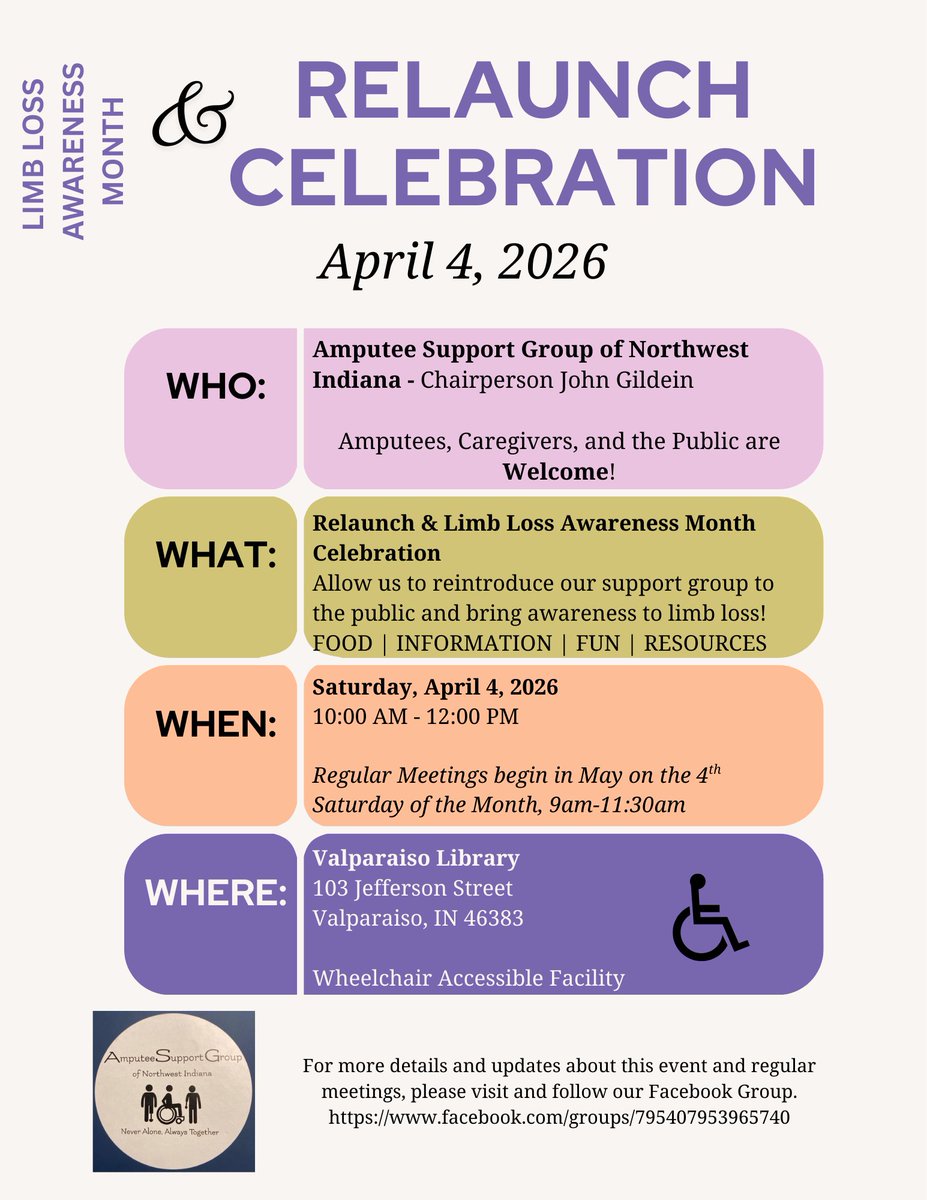 AWESOME Amputee Support Group of NWI Monthly Meeting! We are planning &amp; preparing for our ReLaunch in April for Limb Loss Awareness Month!!

JOIN US in APRIL!!! - Amputees - Caregivers - Public 

Sabrina will be there!

#AmpLife #amputees #limbloss #disabilityawareness