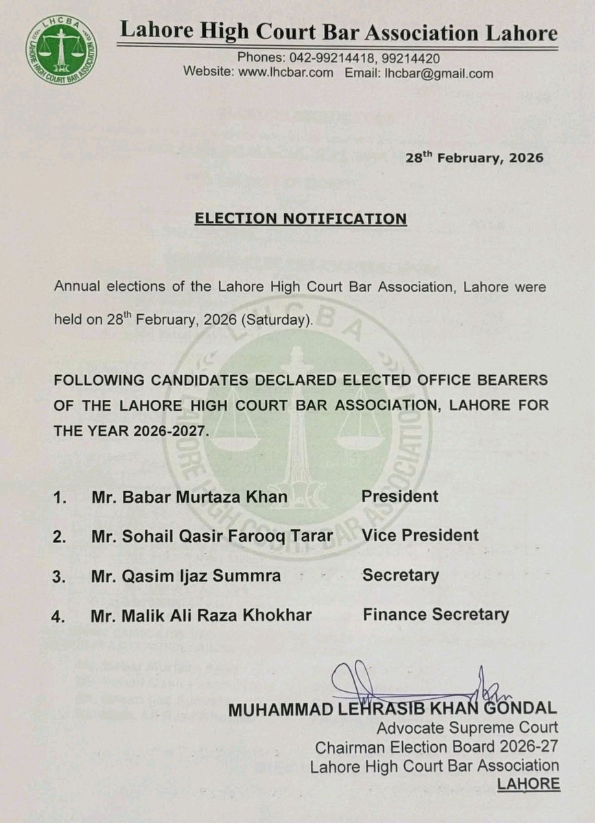 Lahore High Court Bar Association Election Result announced 

Congratulations!!!