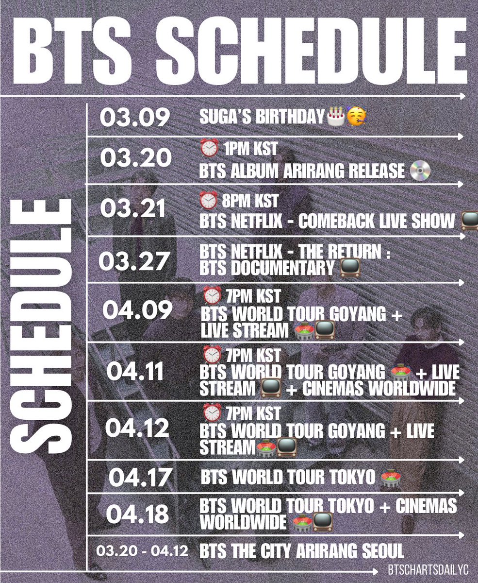 #BTS Upcoming Schedule 💜

ARIRANG IS COMING 
#BTSComeback2026 
#BTS_ARIRANG #BTSISBACK