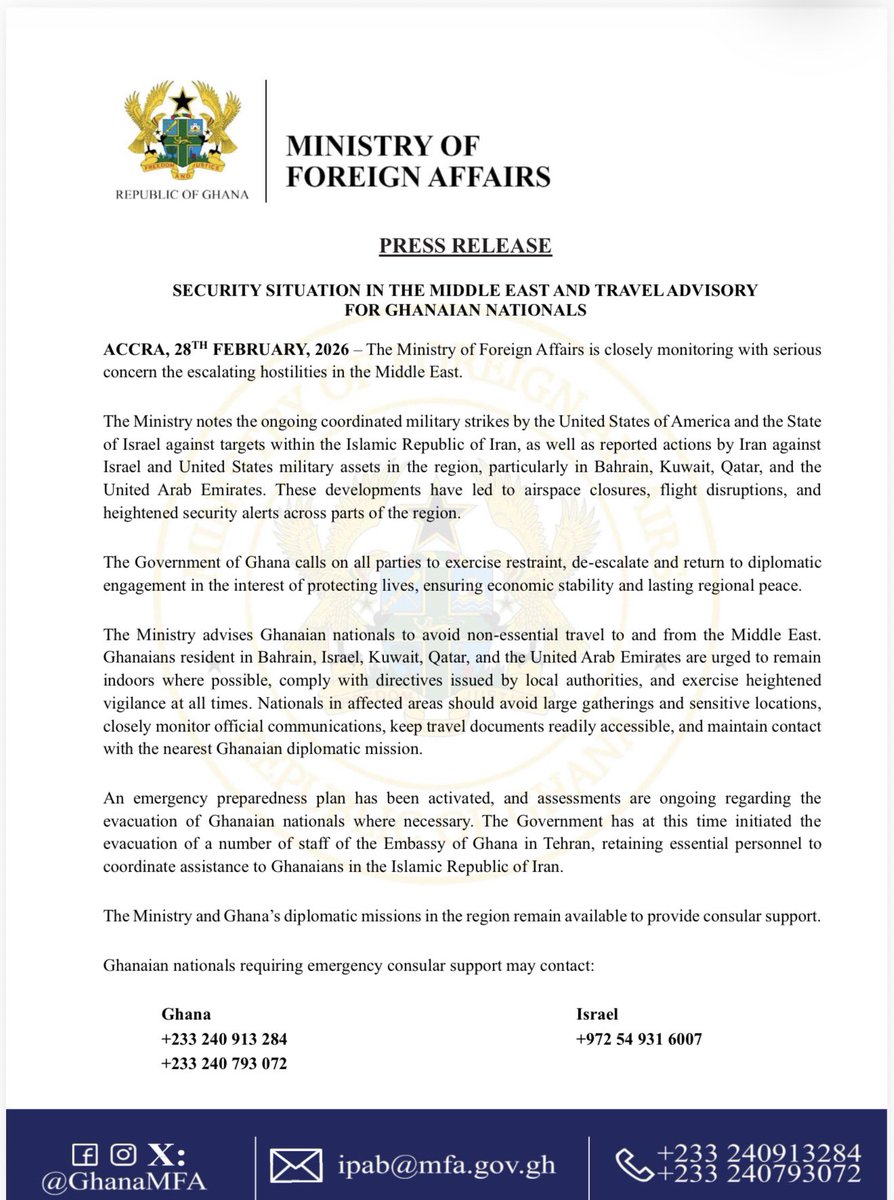 S_OkudzetoAblak's tweet photo. Ghana’s statement on escalating hostilities in the Middle East and Travel Advisory for our dear citizens. https://t.co/iiuhlgv6LR