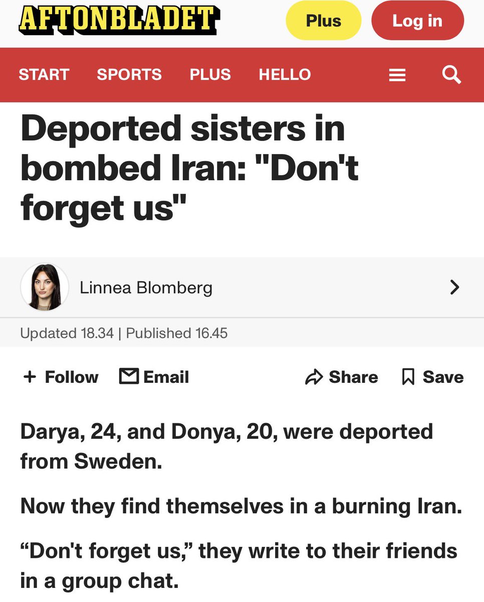 Don’t forget that the Swedish govt deported two young women, Darya (24) &amp; Donya (20), earlier this month to Iran

Now they’re there. Amid 🇮🇱🇺🇸bombing. Without their parents who are allowed to stay in 🇸🇪

Their last texts before internet shut down:
“We’ll die”
“Bring us back home”