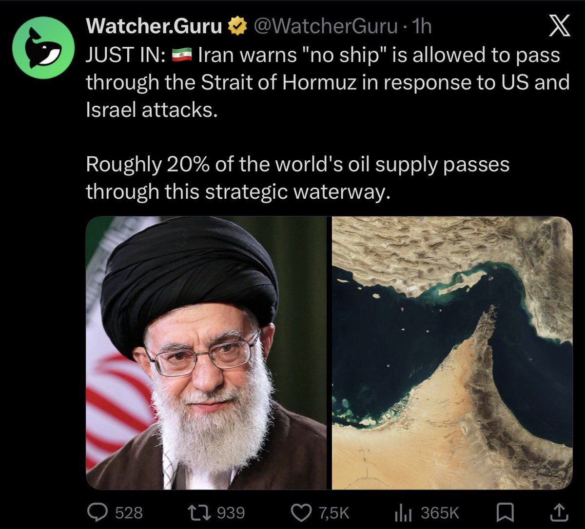 tonysnip3r's tweet photo. Traders buying GOLD and OIL will be dancing on Monday damn..

20% of the world’s oil flows through the Strait of Hormuz.

If that route is threatened,
Oil doesn’t just move
it reprices globally.

That means inflation risk,
bond pressure,
and volatility across risk assets. https://t.co/x42Ge8gHTE