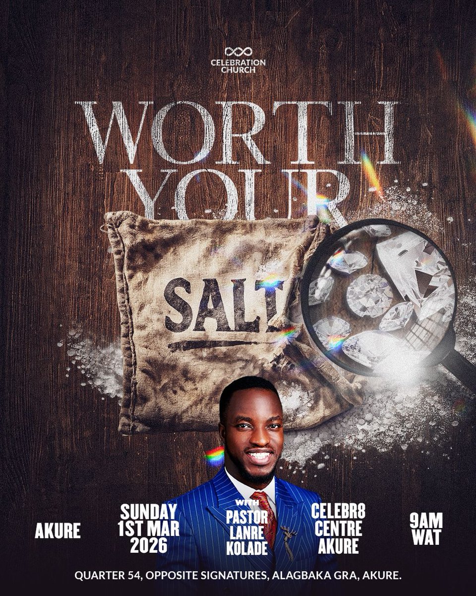 Join us this Sunday as we kickstart the teaching series for the month with the topic, Worth Your Salt.

We’ll be rediscovering our identity and the weight we carry as believers.

See you in church! 

#SORO #SALT #WorthYourSalt #CCIAkure #CCIGlobal