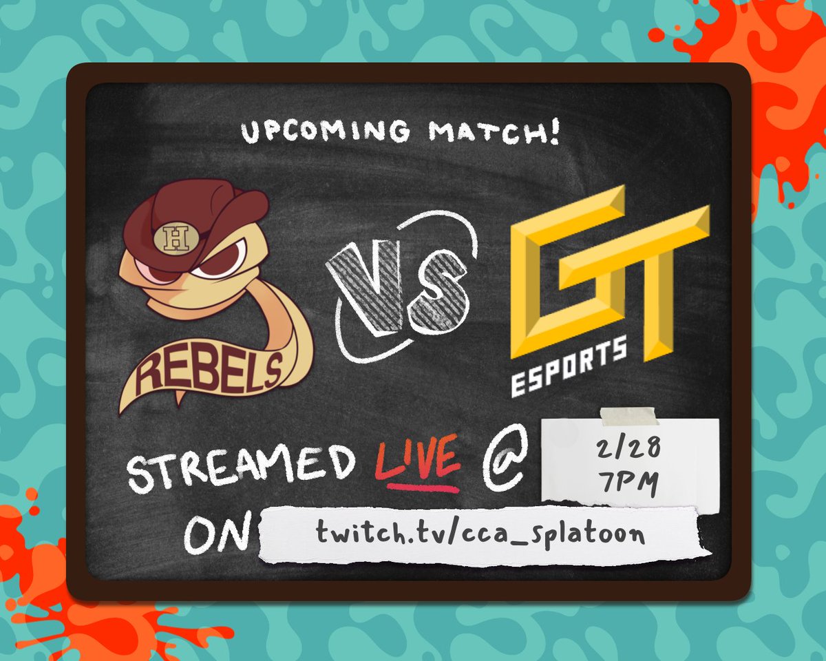 REBELS VS. GT GOLD 🐴🆚🔱

Our H-Town Rebels will be going up against GT Gold TONIGHT @ 7PM CST!! Come cheer for our favorite rebels over on the CCA Twitch later tonight!!!

twitch.tv/cca_splatoon