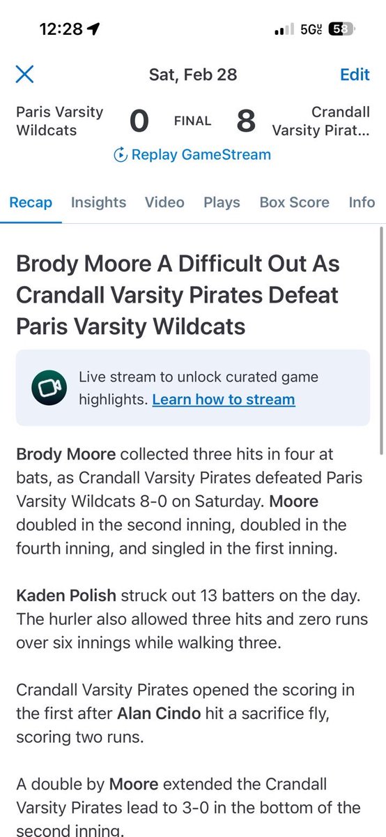 B_moore28's tweet photo. Won 8-0 going 3-4 in today’s game with two doubles and a single! R.F.T.B. 🫡 @piratesluggers https://t.co/5gqK6pu0Ce