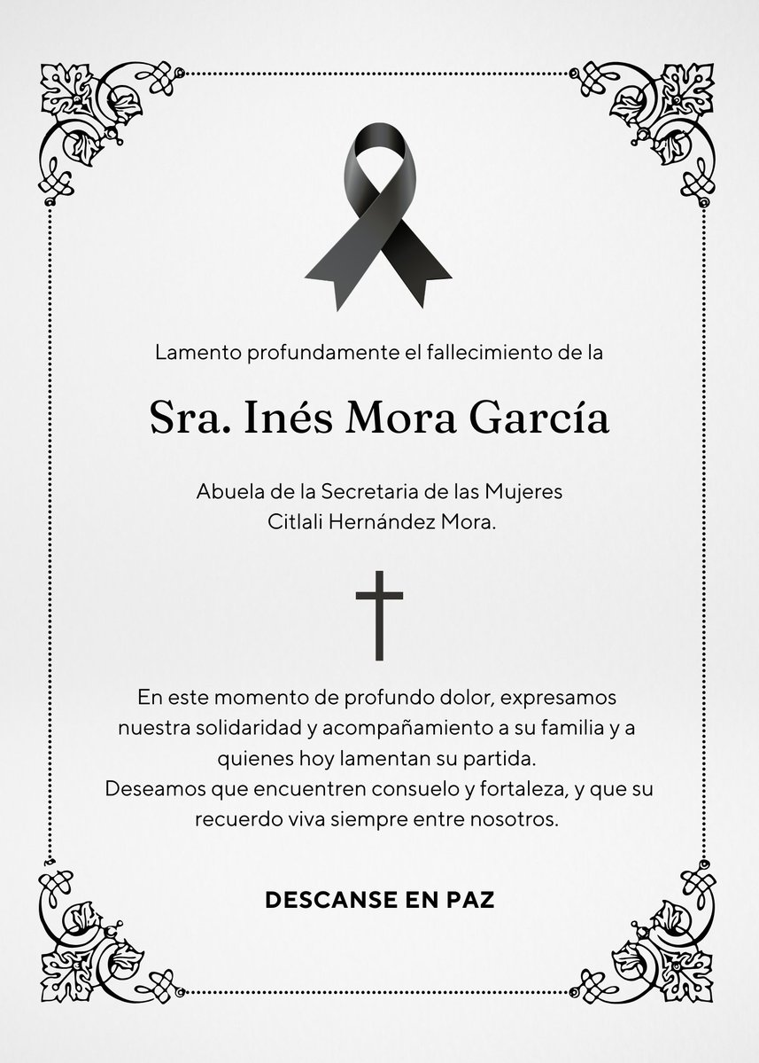 Con profundo respeto, acompañamos a nuestra compañera <a href="/CitlaHM/">Citlalli Hernández Mora</a> y a su familia en este momento de dolor por la partida de su abuela, la Sra. Inés Mora García.
Les enviamos un abrazo solidario y nuestros mejores deseos de fortaleza y consuelo.🕊️