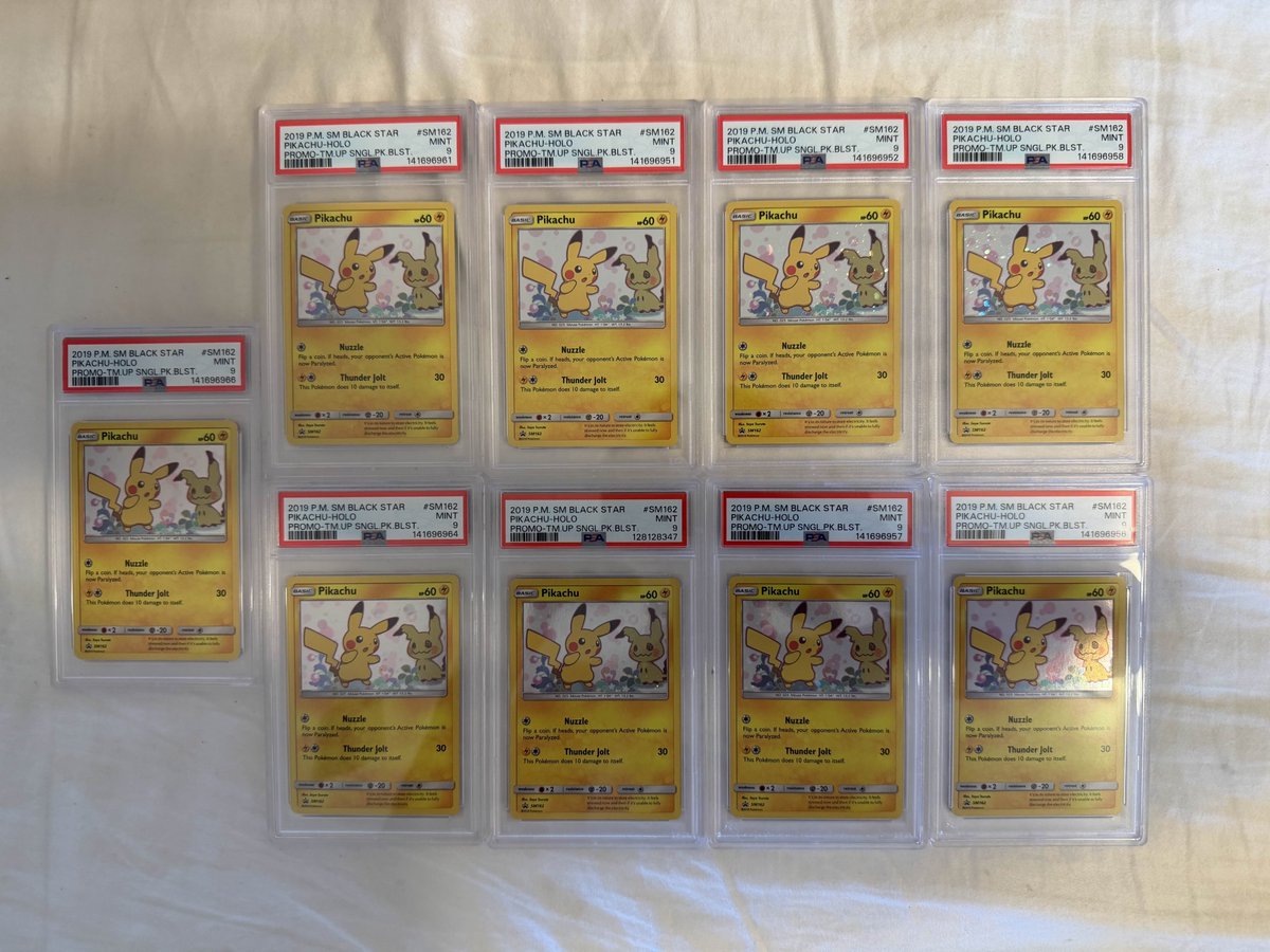 asmallvolcano's tweet photo. @NewAgeCardKings Pikachu SM162 Team Up Promo
Mimikyu SM163 Team Up Promo
PSA 9s
Pika - $150 Shipped w BMWT
Mimi - $80 Shipped w BMWT

Buy a 9 combo for $220 shipped

1 10 in my PC but willing to part with that for a good offer. https://t.co/hY7vqduuYY