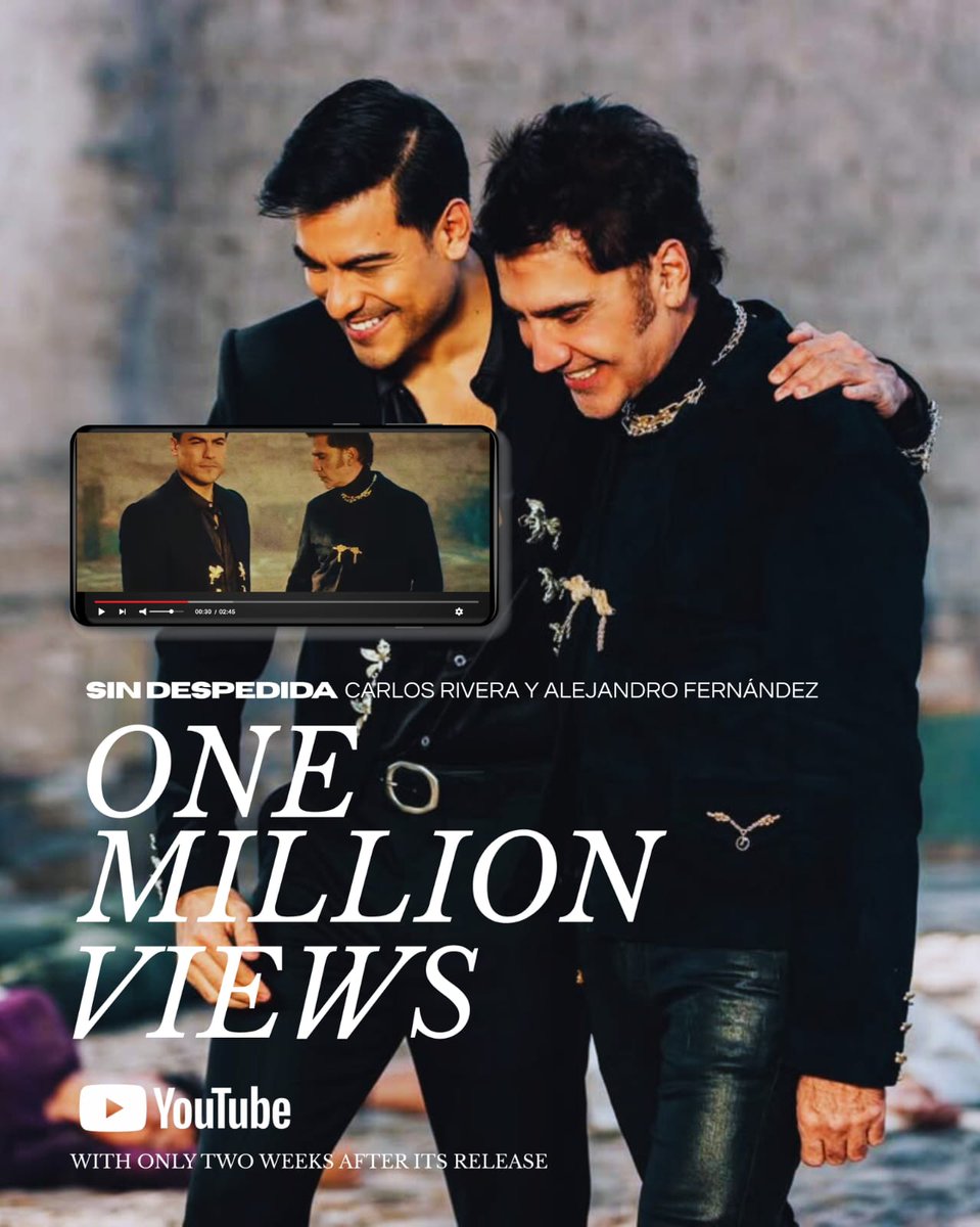 ONE MILLION VIEWS 🤎
#SinDespedida 

Que deleite de colaboración <a href="/carlosrivera/">Carlos Rivera</a> <a href="/alexoficial/">Alejandro Fernández</a> nos esta tocando más de lo esperado…
<a href="/AmoMiLocuraArg_/">Amo Mi Locura Argentina</a> 🩵🇦🇷